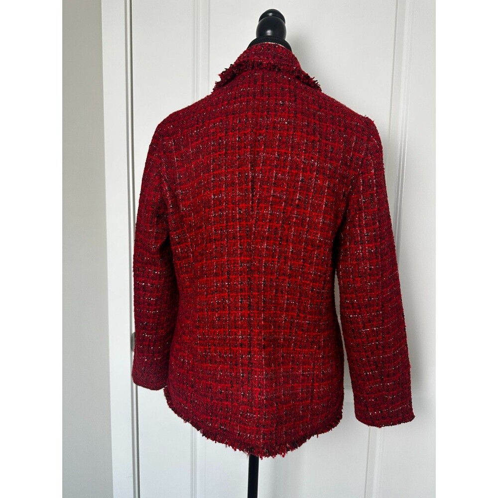 Chico's Red Tweed Blazer Jacket Fringe Metallic Open Front Women's US 1 (8) - Picture 5 of 8